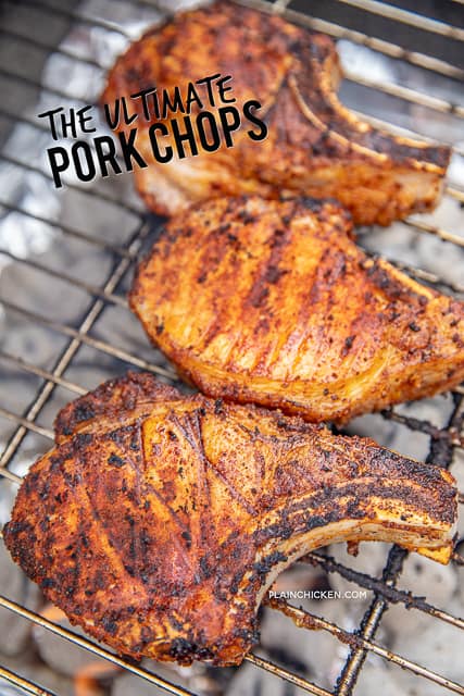 The Ultimate Pork Chops - so tender and juicy. You can cut them with a butter knife!!! Pork chops brined overnight in water, sugar and salt. Rub in a mixture of paprika, garlic powder, onion powder, cumin, dry mustard, pepper and chili powder. Seriously THE BEST!!! Everyone RAVES about these delicious grilled pork chops!