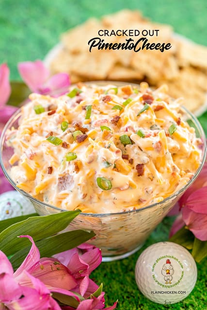 Cracked Out Pimento Cheese - pimento cheese loaded with cheddar, bacon and ranch! Dangerously delicious!! Great as a dip or on a sandwich. Cheddar cheese, pimentos, mayonnaise, ranch dressing mix, bacon, green onions. So simple and it tastes AMAZING! Perfect for watching The Masters golf tournament!