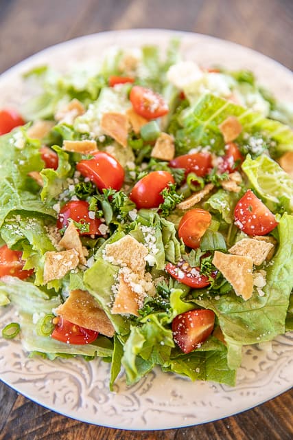 Green Jacket Salad - original recipe from the Green Jacket restaurant in Augusta. SO simple and it tastes great! Lettuce, tomatoes, parsley, green onions, pita chips, olive oil, red wine vinegar, seasoned salt, oregano and parmesan cheese. Goes great with chicken, steak, soup, sandwiches, pizza - anything! Can make in advance and toss together when ready to serve.