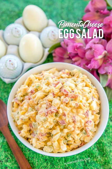 The Masters Pimento Cheese Egg Salad - the best of both worlds! Can't decide which Masters sandwich is your favorite? Combine them both into one! Seriously DELICIOUS!! Hard boiled eggs, mayonnaise, vinegar, celery, onion powder, Worcestershire sauce, cheese, pimentos. This stuff never lasts long in our house! #themasters #masters #eggsalad #pimentocheese #sandwich #hardboiledeggs