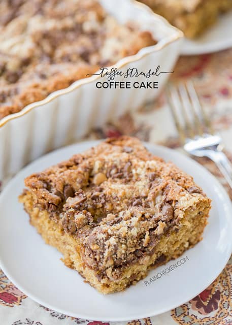 Toffee Streusel Coffee Cake - CRAZY good!! Our favorite coffee cake recipe! Great for breakfast, brunch, tailgating, potlucks, and even dessert! Can make ahead of time and store in an air-tight container. Flour, brown sugar, sugar, butter, buttermilk, egg,  vanilla and chocolate toffee bits. YUM! Everyone RAVES about this yummy coffee cake!