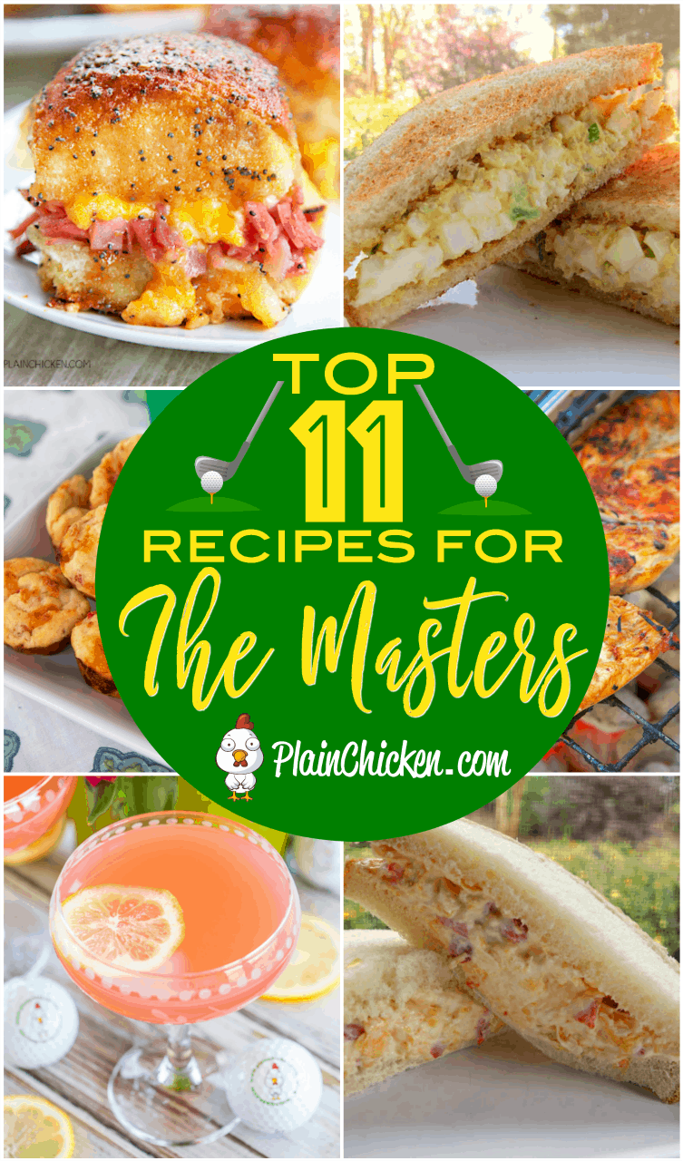 Recipes for watching The Masters golf tournament - egg salad, pimento cheese, Arnold Palmer cupcakes, Tiger tea, Arnold Palmer chicken, pimento cheese muffins, Cracked Out Egg Salad, Pimento Cheese pinwheels, baked pimento cheese dip, Azalea cocktail. These recipes are a MUST for watching the big golf tournament!! #TheMasters #eggsalad #pimentocheese