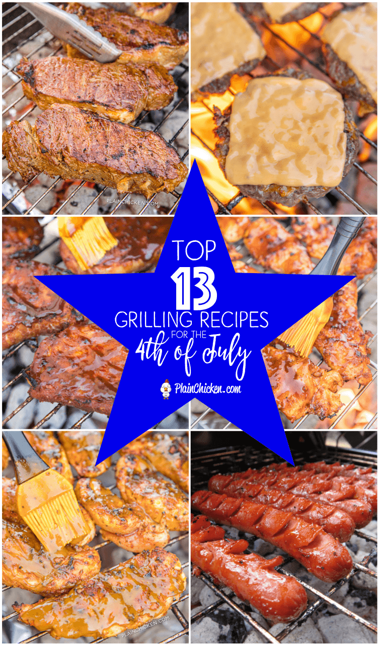 Top 13 Grilling Recipes for the 4th of July - pork, chicken, steak, burgers and hot dogs. Something for everyone!