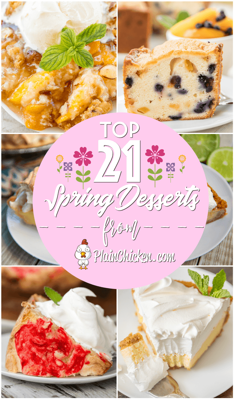 Top 21 Spring Desserts - 21 great desserts for all your spring parties! Pound cakes, cobblers, pies, sheet cakes - something for everyone! #dessert #dessertrecipes