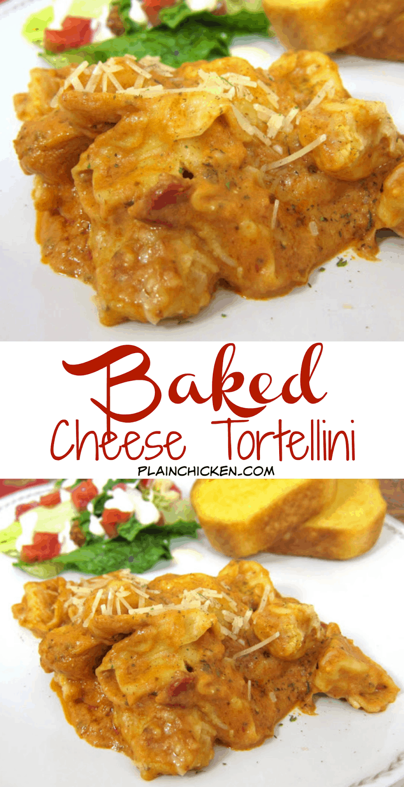 Baked Cheese Tortellini recipe - refrigerated cheese tortellini baked in a mixture of spaghetti sauce, cream cheese, milk, parmesan and mozzarella cheese. Ready in 20 minutes! SUPER quick weeknight pasta recipe! Can add meat to the sauce.