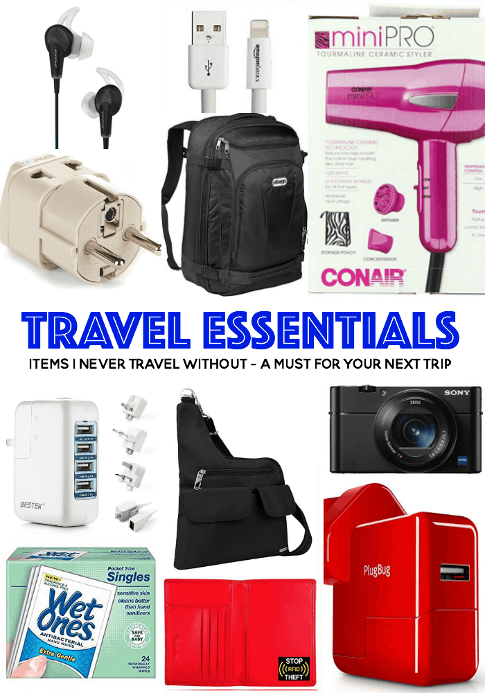 Travel Essentials - 16 must have items for your next trip in the USA or Europe and the UK. Power chargers, hair dryers, wet wipes, the best handbag, camera, phone accessories, headphones - all of the things I never travel without!