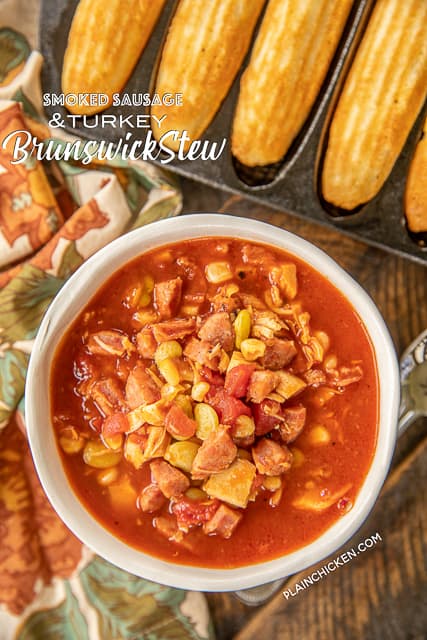 Smoked Sausage & Turkey Brunswick Stew - ready in 20 minutes! Smoked sausage, turkey, lima beans, corn, chicken broth, BBQ sauce, tomato sauce - throw in the pot, bring to a boil and simmer for a few minutes. SO delicious! Great way to use up leftover holiday turkey!! We made this two weeks in a row. We couldn't get enough of it! YUM! Freeze leftovers for a quick meal later! YUM! #soup #stew #leftoverturkey #turkey #quick 