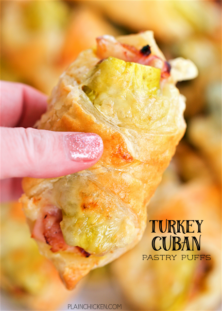 Turkey Cuban Pastry Puffs - great way to use up leftover turkey! SO delicious! Puff pastry filled with mustard, turkey, ham, swiss cheese and pickles. Can make ahead and freeze unbaked. Great for parties, tailgating, lunch or dinner. These taste FANTASTIC!
