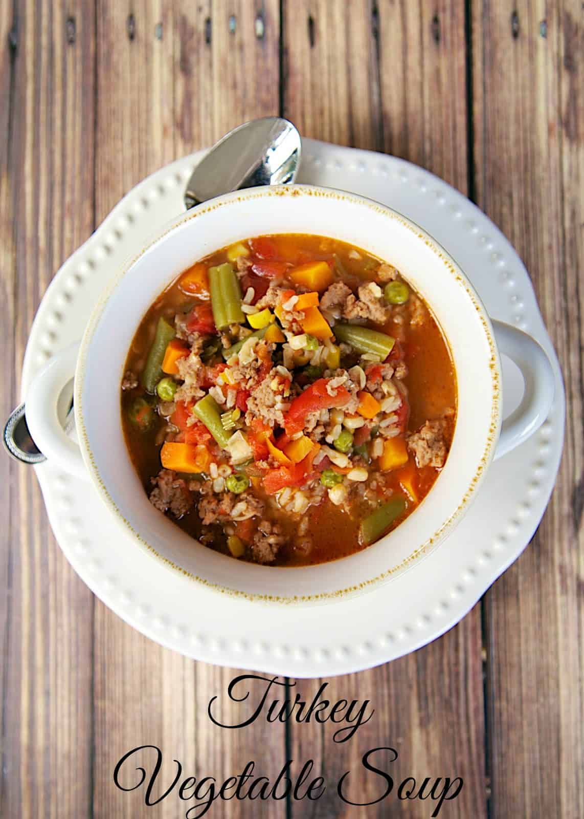 Turkey Vegetable Soup - ground turkey, mixed vegetables, beef broth and brown rice - ready in under 30 minutes. Leftovers are great for lunch and it freezes well. My husband gobbled this up! I've already made it 3 times this month!!