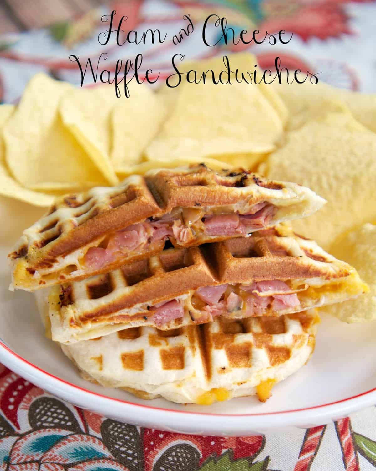 Ham & Cheese Waffle Sandwiches Recipe - ham and cheese stuffed inside a refrigerated biscuit and cooked in the waffle iron. SO much fun to eat!!