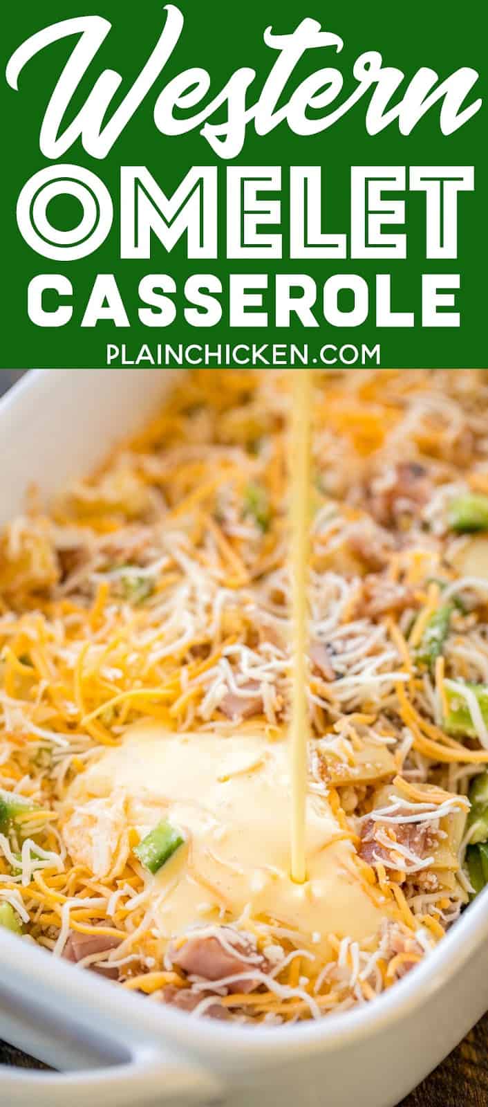 Western Omelet Casserole - perfect for breakfast, lunch or dinner. Ham, onion, bell pepper, artichokes, salsa, eggs, sour cream and cheese. No crust, so it is a great low-carb option. Only 4.5 Weight Watcher points per serving!! #casserole #omelet #breakfast