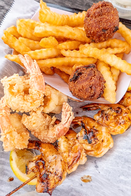 grilled and fried shrimp with fries