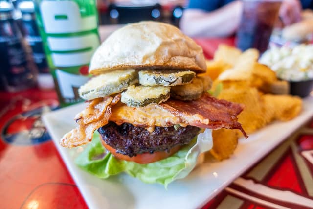 Burger with pimento cheese, bacon & fried pickles- Gas Full Service Restaurant - St Augustine FL