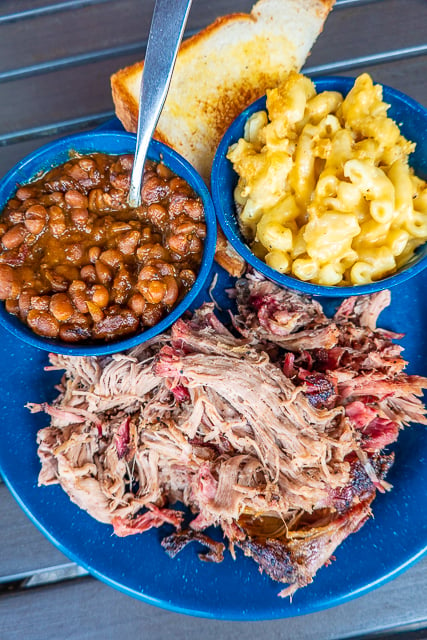 pulled pork platter with baked beans and mac and cheese - MOJO Old City BBQ - St Augustine, FL