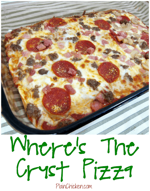 Where's The Crust Pizza - pizza crust made with cream cheese, eggs, garlic and parmesan cheese - no gluten! Top with favorite sauce and toppings. SOOOO good! We love to make this for our weekly pizza night!