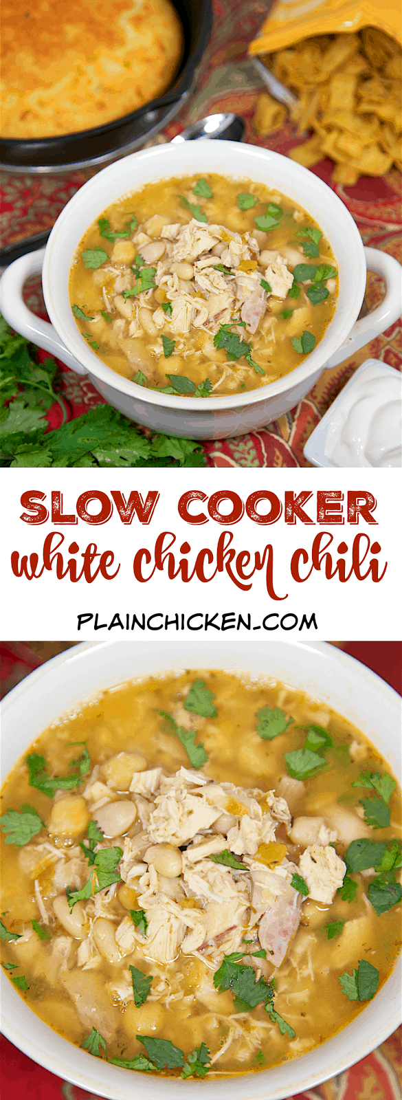 Slow Cooker White Chicken Chili recipe - chicken, seasonings, cannellini beans, chickpeas, green chilies - top with cilantro, cheese, sour cream and Fritos! SO good! Just dump everything in the slow cooker and forget it. Complete the meal with some cornbread. Quick and easy weeknight meal!