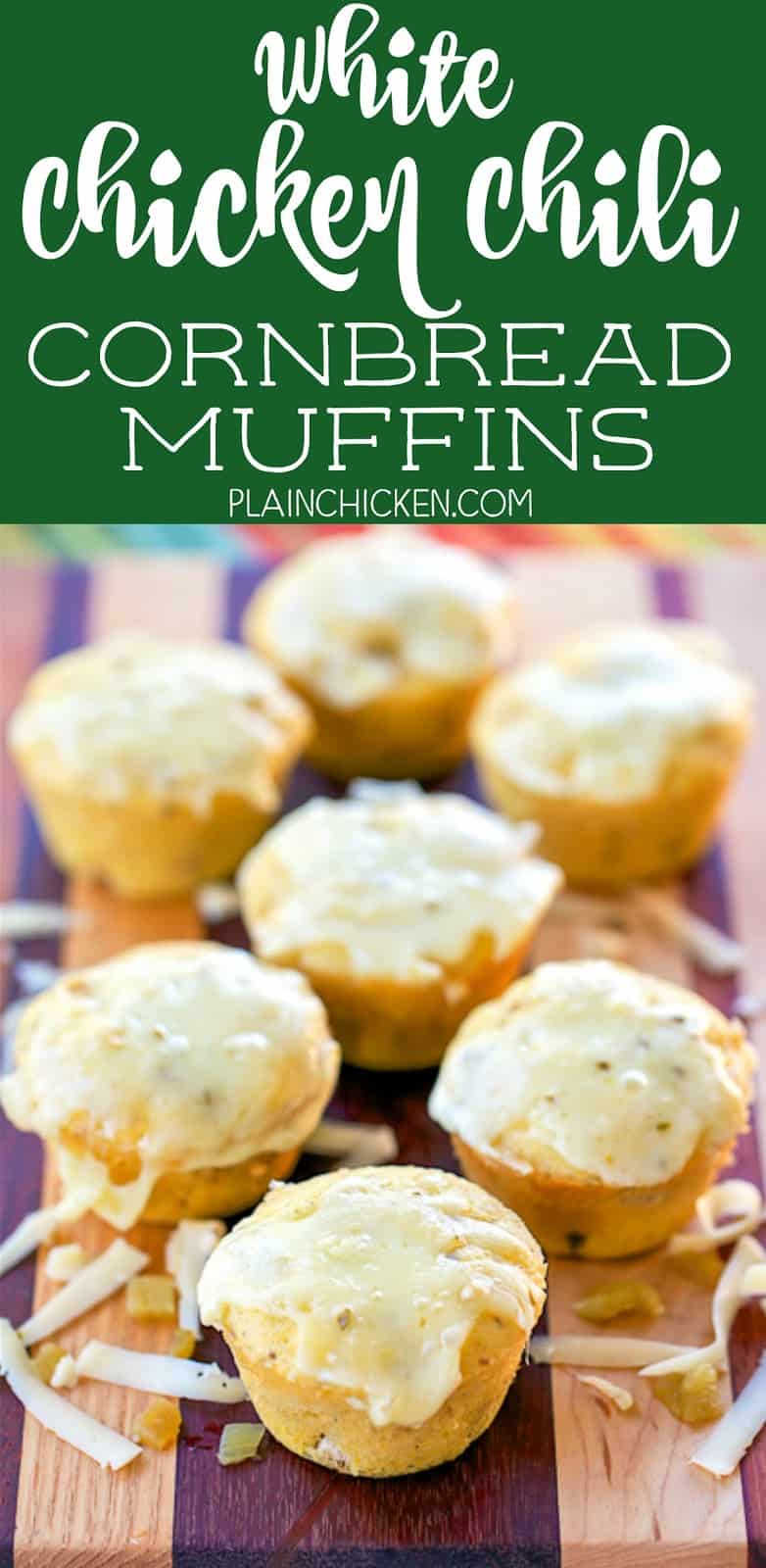 White Chicken Chili Cornbread Muffins - quick cornbread muffins stuffed with chicken, white beans, green chilies, cumin, garlic, oregano and pepper jack cheese. Everyone loved these muffins! Comfort food at its best! Great for lunch, dinner or tailgating. Ready in 20 minutes!!