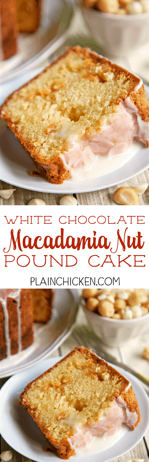 White Chocolate Macadamia Nut Pound Cake - DELICIOUS! An easy from scratch pound cake. Flour, sugar, butter, eggs, vanilla, white chocolate pudding, macadamia nuts, pineapple juice. Cake is drizzled with a quick pineapple glaze. This is CRAZY good!!! This didn't last long in our house! Great for a potluck or homemade gift.