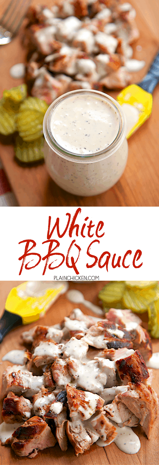 White BBQ Sauce {Alabama White Sauce} - mayonnaise, vinegar, apple juice, horseradish, pepper, lemon, salt, cayenne - Zesty white sauce that is great as a marinade, baste or dipping sauce. Keeps for 2 weeks. Great on pork and chicken!!