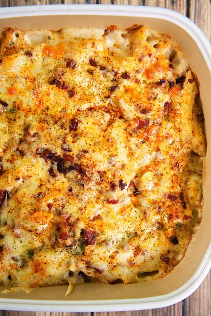 World's Best Mac and Cheese - so creamy, cheese and delicious! Just like the original at Beecher's in Seattle! Pasta tossed in a quick homemade cheese sauce with Jarlsberg and Jack cheese. We added pancetta - crazy good! Everyone cleaned their plate!