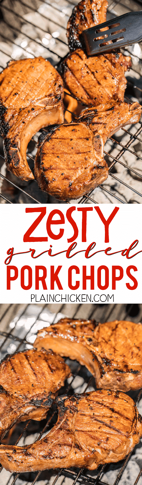 Zesty Grilled Pork Chops - better than any restaurant!!! Pork chops marinated in soy sauce, lemon juice, chili sauce, brown sugar and garlic. A little sweet and a little tangy. Perfect! Marinate overnight and grill for the perfect dinner! SO easy and everyone RAVES about these pork chops!!