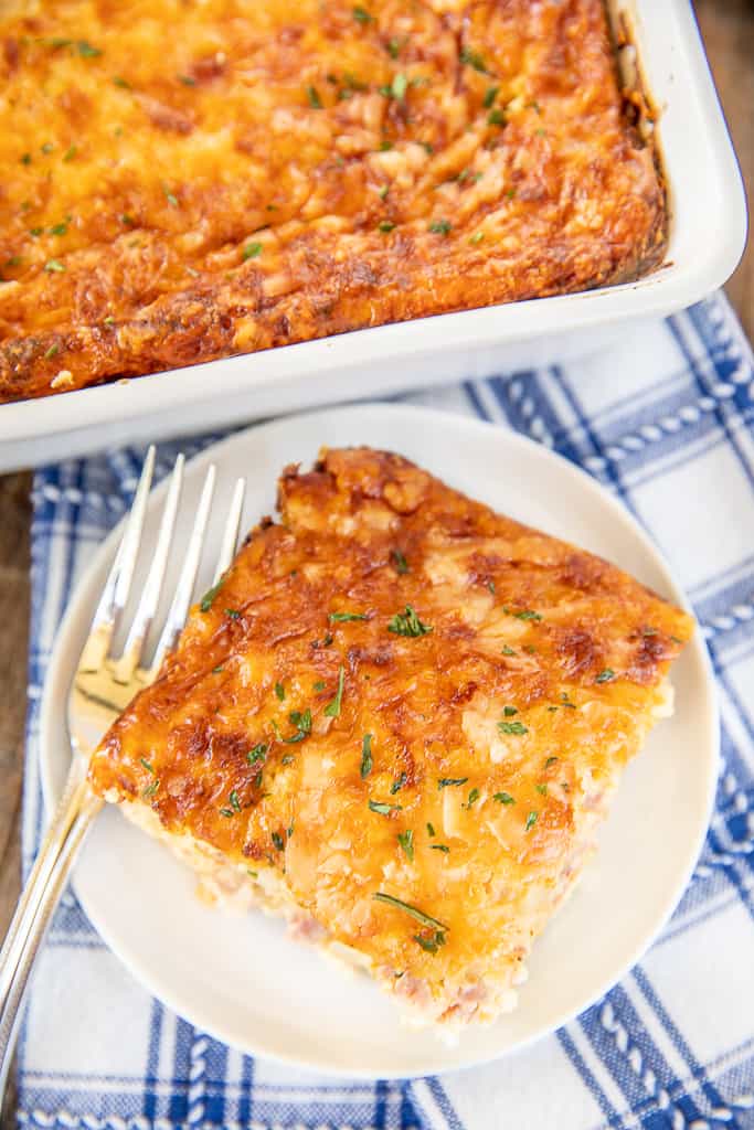 ham & cheese hash brown breakfast casserole on a plate