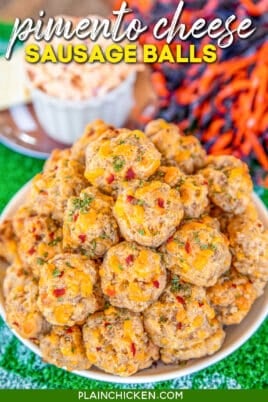 plate of sausage balls with pimento cheese