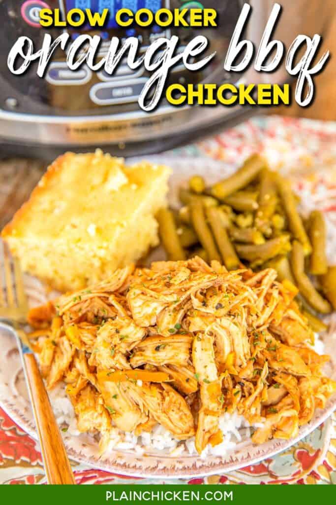 plate of shredded bbq chicken with green beans and cornbread
