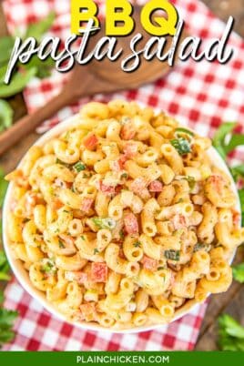 bowl of bbq pasta salad with text overlay
