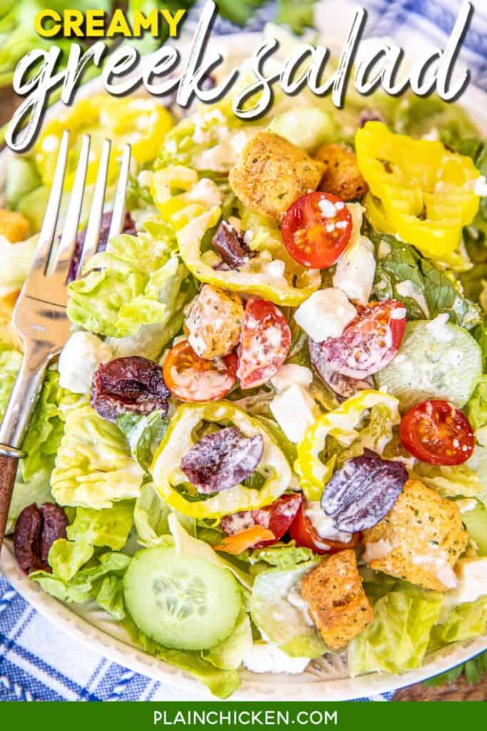 plate of greek salad with creamy dressing