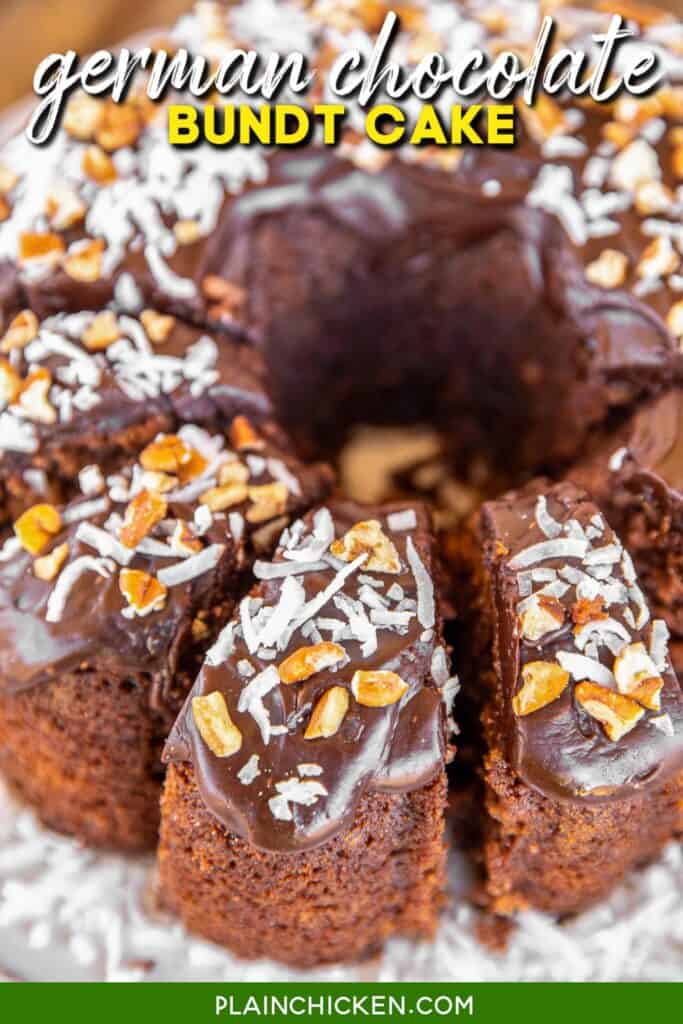 sliced chocolate bundt cake topped with coconut and nuts