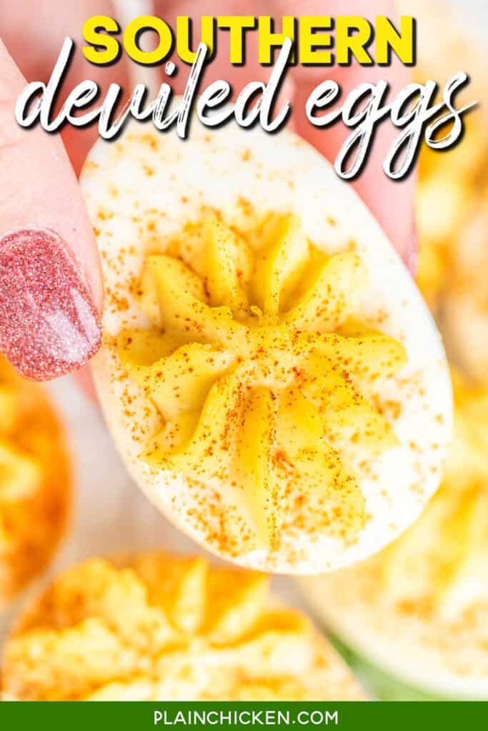holding a deviled egg with text overlay