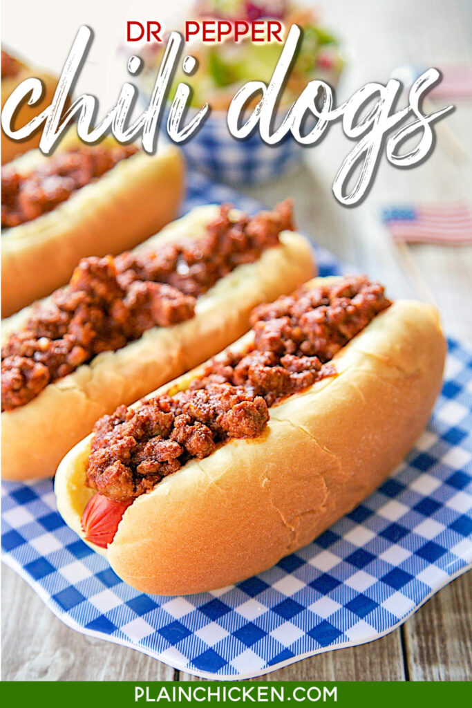 Dr. Pepper Chili Dogs Recipe - hot dogs topped with a sweet and tangy Dr. Pepper chili - great for your Summer cookouts! Ready in under 30 minutes!
