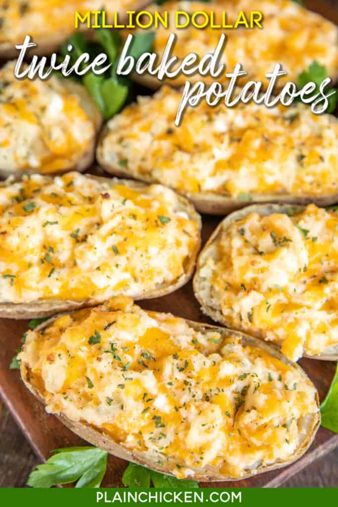 twice baked potatoes on a serving board