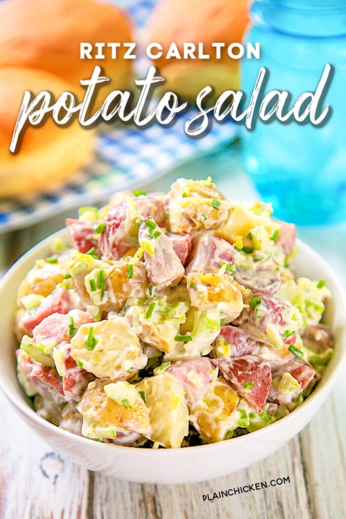 The Ritz Carlton Potato Salad Recipe - heirloom potatoes tossed in mayonnaise, celery, fresh chives and tarragon, and lemon juice - tastes amazing. Everyone always asks for the recipe!