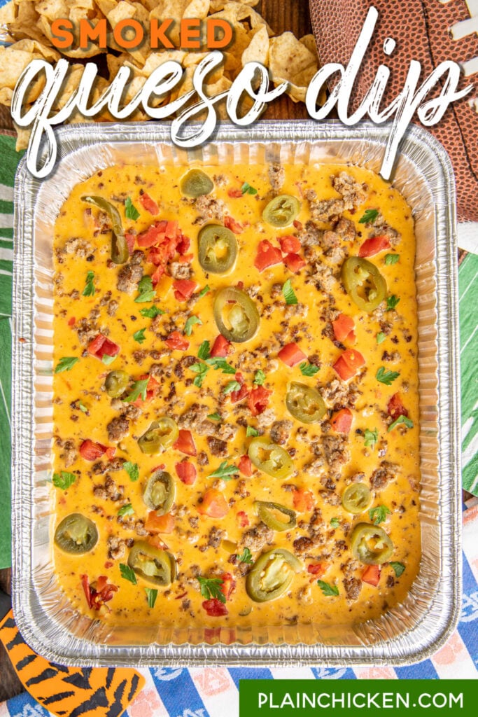 queso dip in foil pan with chips