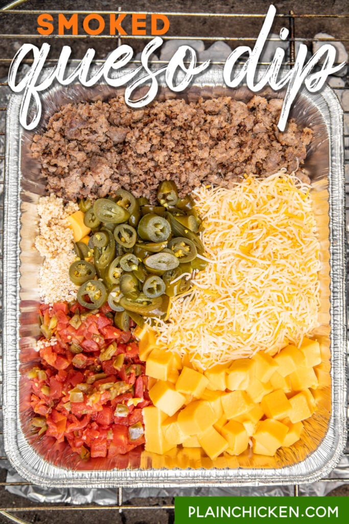 queso ingredients in foil pan on grill