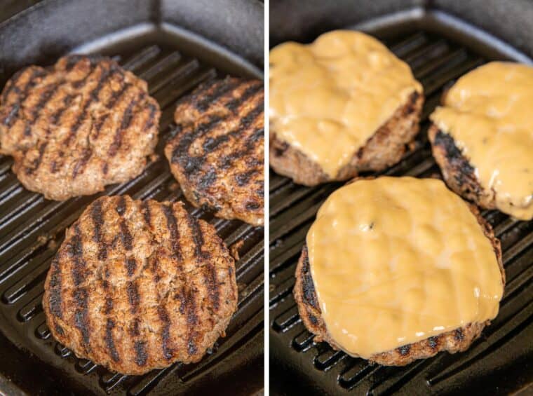 burgers in a skillet plain & with cheese