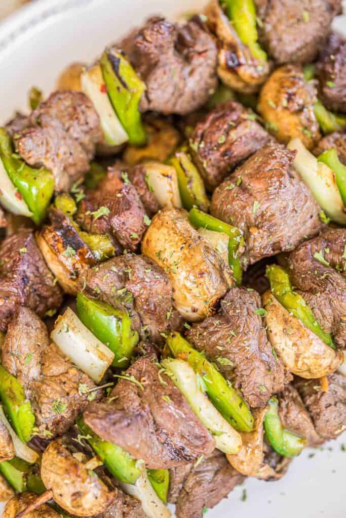 Beef Kabobs - CRAZY good!! Steak and vegetables marinated in a combination of Italian dressing, Dale's Steak Seasoning, Greek Seasoning and Onion powder. The flavor was fantastic!! Everyone RAVED about the kabobs! Feel free to use your favorite vegetables on the kabobs - onions, mushrooms, bell pepper, tomatoes, squash and zucchini. Tastes great leftover too!