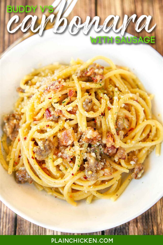 Bucatini Carbonara with Sausage - recipe from Buddy V's in Las Vegas. SO easy to make! Only takes about 10 minutes from start to finish! Bucatini, eggs, parmesan cheese, bacon, garlic, pepper and sausage. This was SO good that I wanted to lick the bowl! Easy enough for a weeknight.