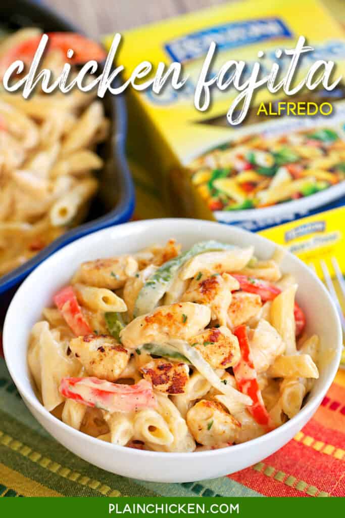 bowl of chicken pasta with peppers and onions