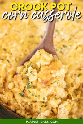 scooping corn casserole from crockpot with text overlay