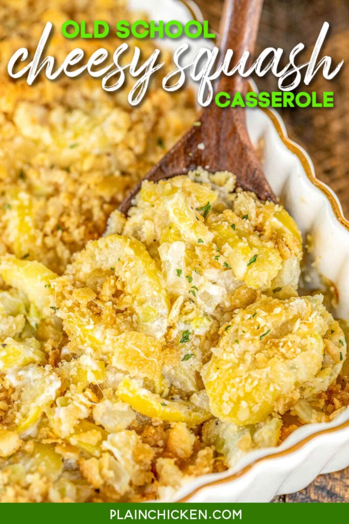 Old School Squash Casserole - a must for your holiday table!!! Loaded with 3 types of cheeses - cheddar, Swiss and parmesan. Seriously delicious! Squash, onion, butter, eggs, sour cream, mayonnaise, cheddar, swiss, thyme, salt, pepper, crushed Ritz crackers and parmesan. Can make ahead of time and refrigerate overnight. SO easy and SO delicious! Everyone LOVES this yummy side dish. #casserole #squash #sidedish #thanksgiving #christmas