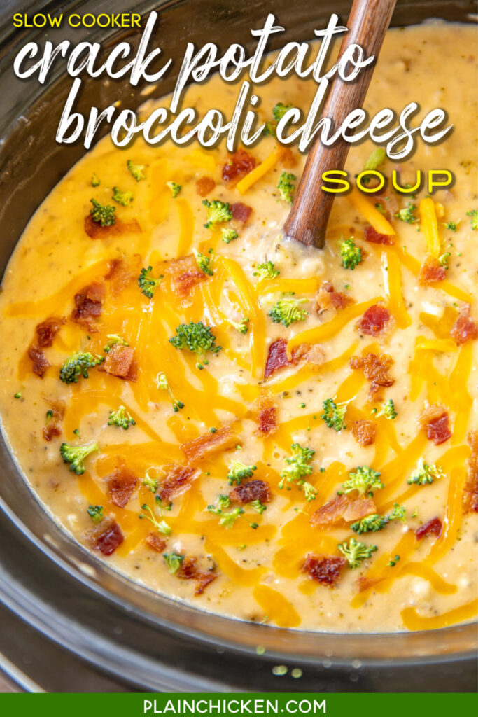 slow cooker of potato broccoli cheese soup with bacon