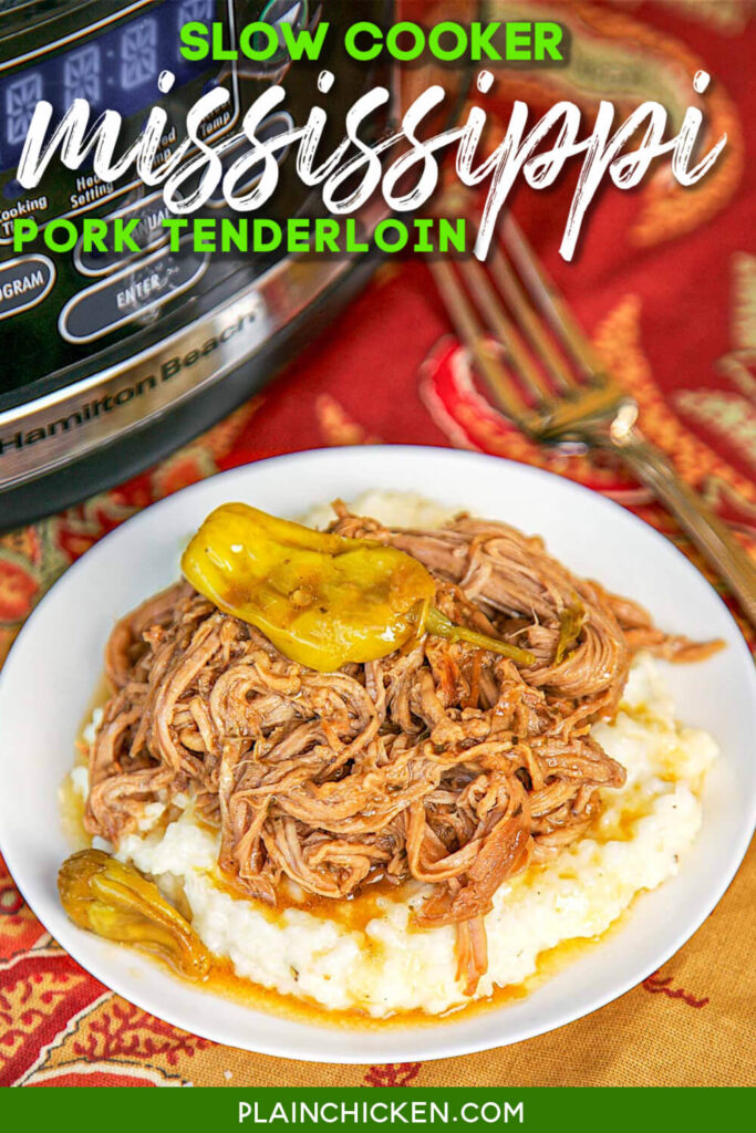 Slow Cooker Mississippi Pork Tenderloin - only 5 ingredients! Pork, Ranch, Au Jus, butter and pepperonicni peppers. This is THE BEST pork tenderloin I've ever eaten!! The flavor is AMAZING!! Serve over grits, potatoes, rice or noodles. Also great on a bun. YUM!