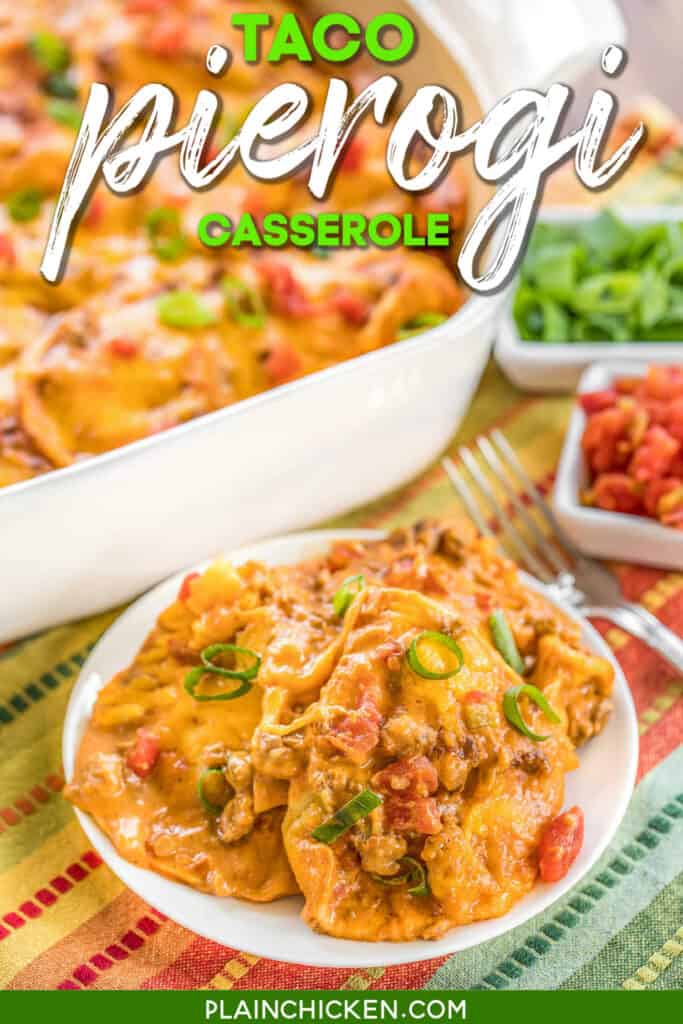 Taco Pierogi Casserole - THE BEST! We ate this two days in a row! Ready in 30 minutes!! Taco meat, velveeta, salsa, cheese pierogies, cream of chicken soup and cheddar cheese. CRAZY good! Everyone cleaned their plates - even our picky eaters! Our favorite Mexican casserole!