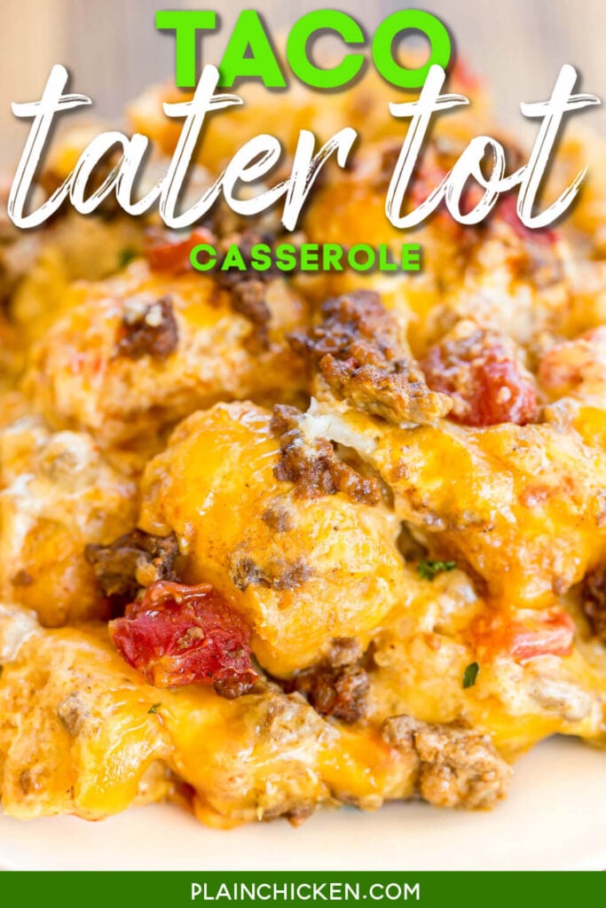 Taco Tater Tot Casserole - taco meat, diced tomatoes and green chiles, cheese, cheese soup, sour cream and tater tots - what's not to love? We ate this twice in one day! Can be made ahead of time and refrigerated or frozen for later. You can also divide it between two 8x8-inch foil pans and freeze one.  Taco night will never be the same!