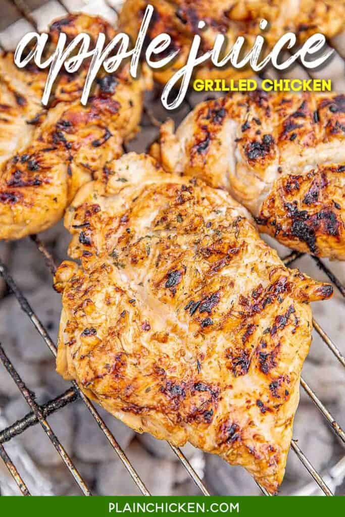 Apple Juice Grilled Chicken - so juicy and packed full of amazing flavor!! Chicken marinated in apple juice, brown sugar, soy sauce, lemon juice and garlic. SO simple and SOOO delicious!! We ate this twice in one day! Leftovers are great chopped up on a salad or in a wrap. Grill up a double batch today for easy meal prep all week! YUM! #grilling #chicken #grilledchicken #marinade