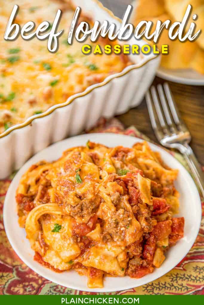 Beef Lombardi Casserole - comfort food at its best! SO easy! Can be made ahead and frozen for up to a month. Ground beef, tomatoes, diced tomatoes and green chiles, tomato paste, egg noodles, sour cream cheddar, parmesan and mozzarella. Everyone cleaned their plate! Dinner success!! #freezermeal #casserole #easydinnerrecipe