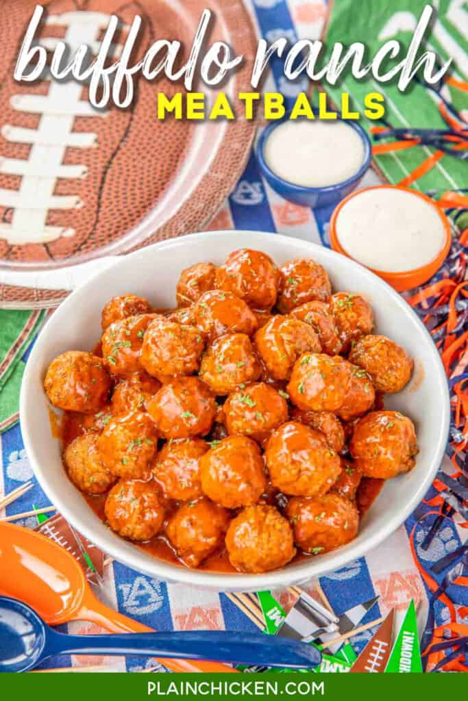 Buffalo Ranch Meatballs - only 3 ingredients! Great for tailgating and parties!! Can make in the slow cooker or stovetop. Everyone goes crazy over this easy appetizer! #tailgating #partyfood #slowcooker #appetizer
